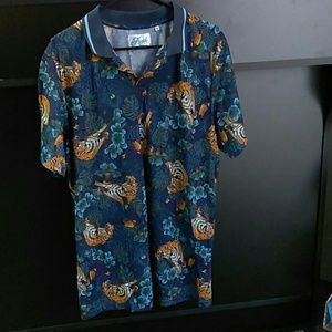 XL Blue Tiger Tucan Jungle Print Polo